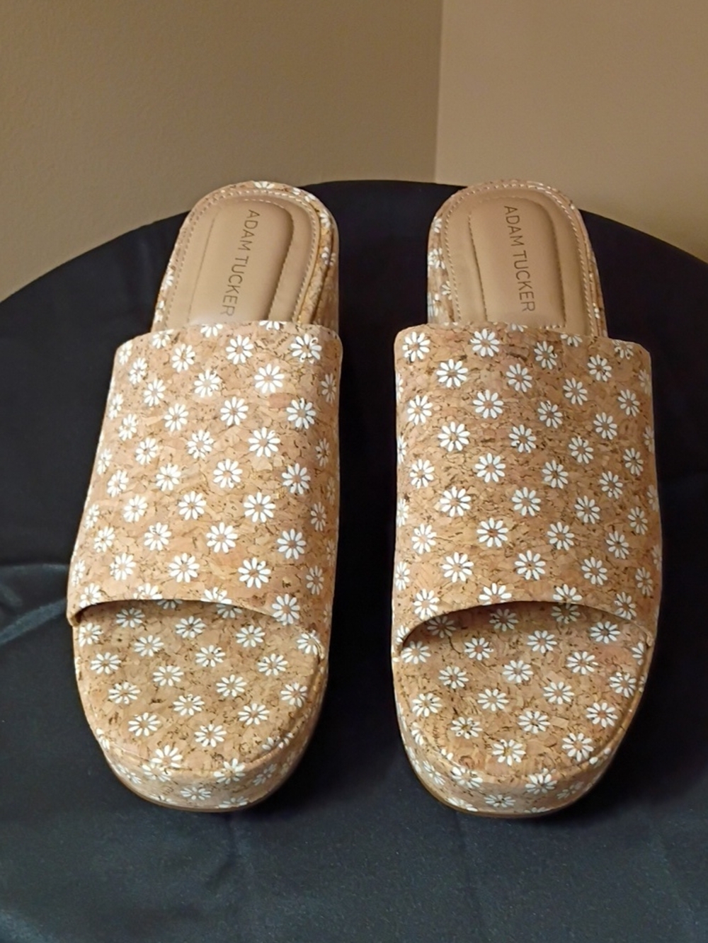 Adam Tucker Tan Cork Floral Slide Mules